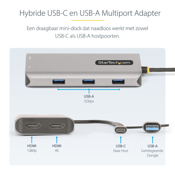 StarTech.com USB-C Multiport Adapter met Ingebouwde USB-C naar USB-A Dongle, Dual HDMI (4K30Hz/1080p60Hz), 3x USB-A 5Gbps, Mini - Afbeelding 10