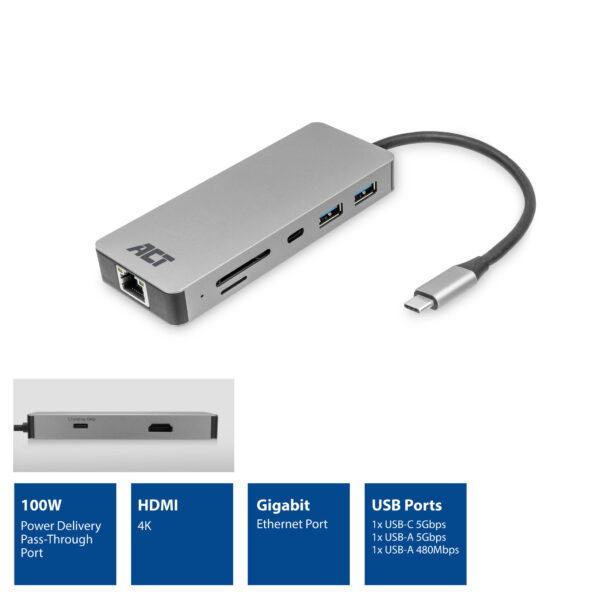 ACT USB-C 4K docking station voor 1 HDMI monitor, ethernet, USB-C, USB-A, cardreader en PD pass-through - Afbeelding 2