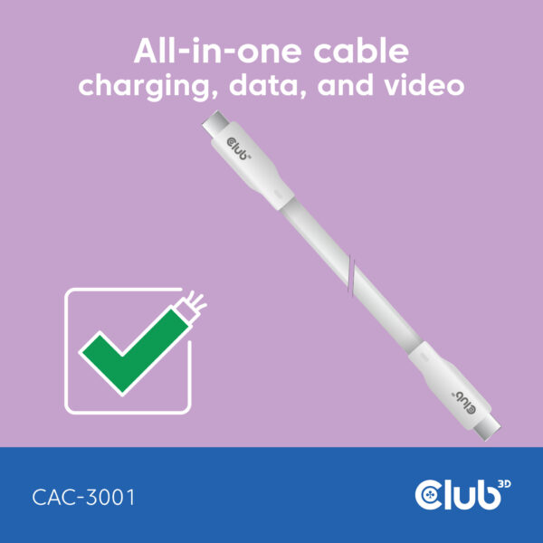 CLUB3D USB C oplaadkabel wit siliconen & tangle-free - Afbeelding 3