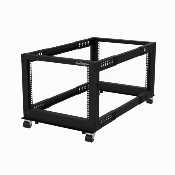 StarTech.com 4-Post 8U Mobiel Open Frame Server Rack, 19" Patchkast met Wielen en 4 Stijlen, Kleine Serverkast met Verstelbare D