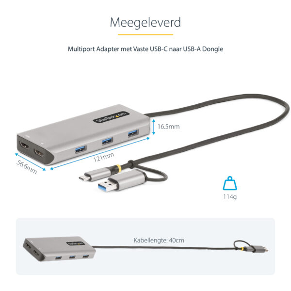StarTech.com USB-C Multiport Adapter met Ingebouwde USB-C naar USB-A Dongle, Dual HDMI (4K30Hz/1080p60Hz), 3x USB-A 5Gbps, Mini - Afbeelding 12