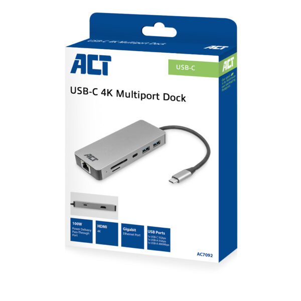 ACT USB-C 4K docking station voor 1 HDMI monitor, ethernet, USB-C, USB-A, cardreader en PD pass-through - Afbeelding 12
