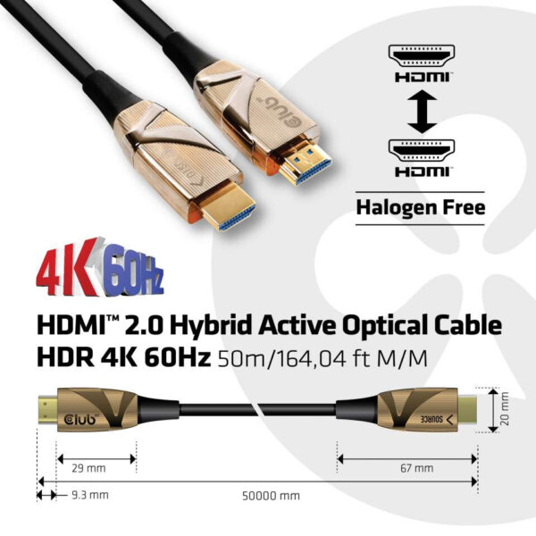 CLUB3D HDMI 2.0 Ultra HD Actieve Optical Kabel HDR 4K 60Hz M/M 50 meter - Afbeelding 3