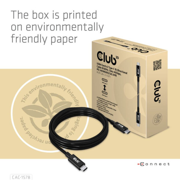 CLUB3D USB4 Gen3x2 Type-C Bi-Directional Cable 8K60Hz, Data 40Gbps, PD 240W(48V/5A) EPR M/M 2m / 6.56ft - Afbeelding 7