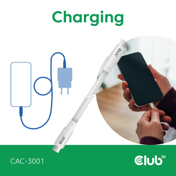 CLUB3D USB C oplaadkabel wit siliconen & tangle-free - Afbeelding 4