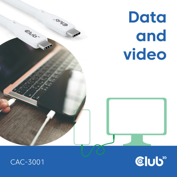 CLUB3D USB C oplaadkabel wit siliconen & tangle-free - Afbeelding 5