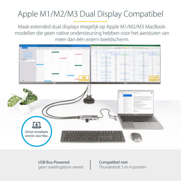 StarTech.com USB-C Multiport Adapter met Ingebouwde USB-C naar USB-A Dongle, Dual HDMI (4K30Hz/1080p60Hz), 3x USB-A 5Gbps, Mini - Afbeelding 9