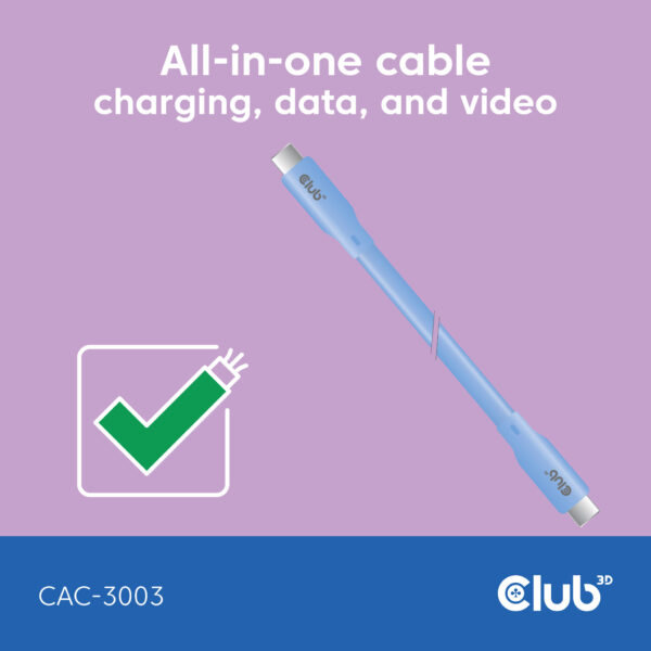 CLUB3D USB C oplaadkabel blauw siliconen & tangle-free - Afbeelding 3