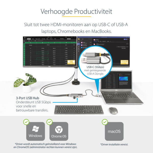 StarTech.com USB-C Multiport Adapter met Ingebouwde USB-C naar USB-A Dongle, Dual HDMI (4K30Hz/1080p60Hz), 3x USB-A 5Gbps, Mini - Afbeelding 8