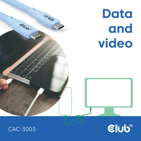 CLUB3D USB C oplaadkabel blauw siliconen & tangle-free - Afbeelding 5