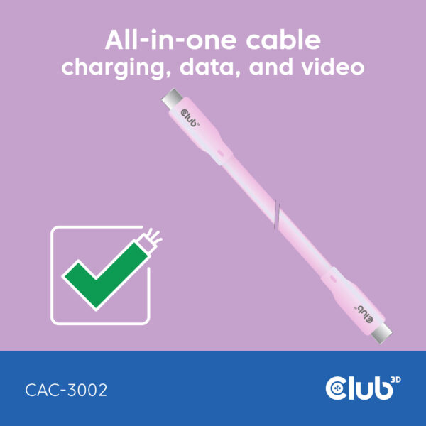 CLUB3D USB C oplaadkabel roze siliconen & tangle-free - Afbeelding 3