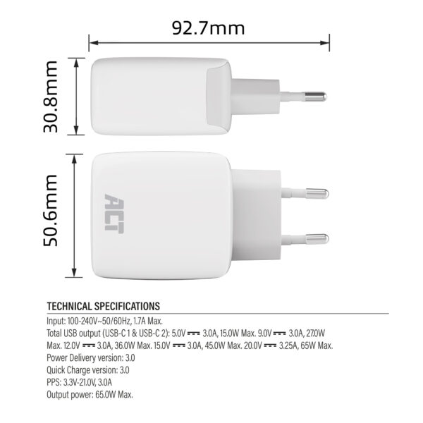 ACT USB-C Lader 65W 2-poorts met Power Delivery PPS en GaNFast - Afbeelding 9