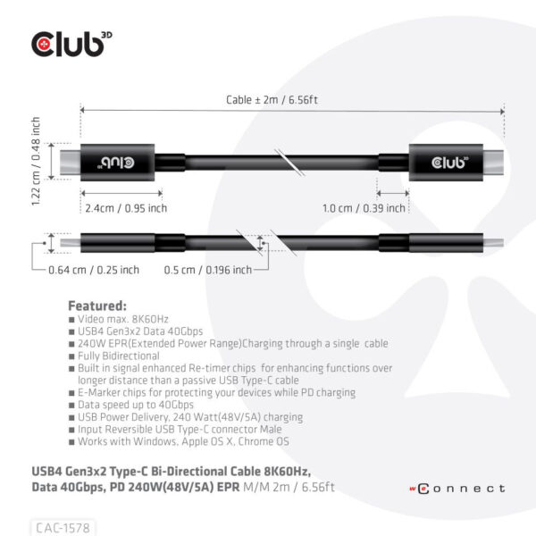 CLUB3D USB4 Gen3x2 Type-C Bi-Directional Cable 8K60Hz, Data 40Gbps, PD 240W(48V/5A) EPR M/M 2m / 6.56ft - Afbeelding 3