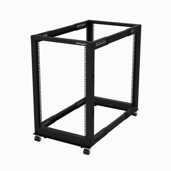 StarTech.com 4-Post 18U Mobiel Open Frame Server Rack, 19" Patchkast met Wielen en 4 Stijlen, Open Serverkast met Verstelbare Di