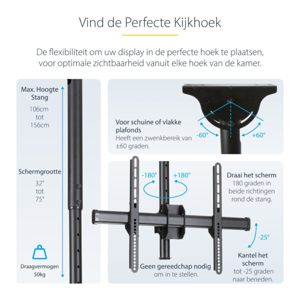 StarTech.com TV Plafondbeugel, Full-Motion Universele Ophangbeugel, Hangende VESA Beugel voor Single 32”-75" TVs / Displays, Kan - Afbeelding 11