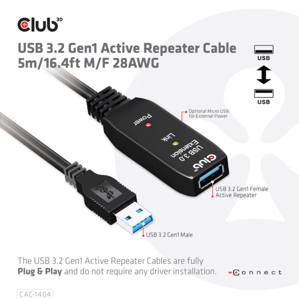 CLUB3D USB 3.2 Gen1 Active Repeater Cable 5m/ 16.4 ft M/F 28AWG - Afbeelding 8