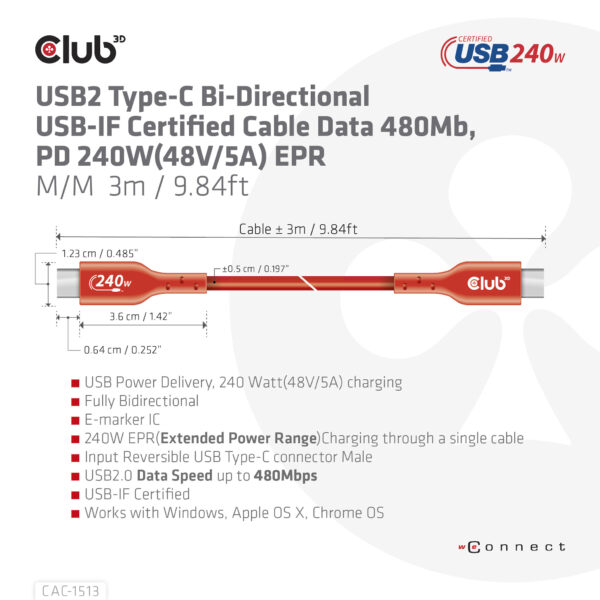 CLUB3D USB2 Type-C Bi-Directional USB-IF Certified Cable Data 480Mb, PD 240W(48V/5A) EPR M/M 3m / 9.84 ft - Afbeelding 6