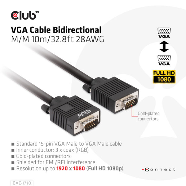 CLUB3D VGA Cable Bidirectional M/M 10m/32.8ft 28AWG - Afbeelding 3