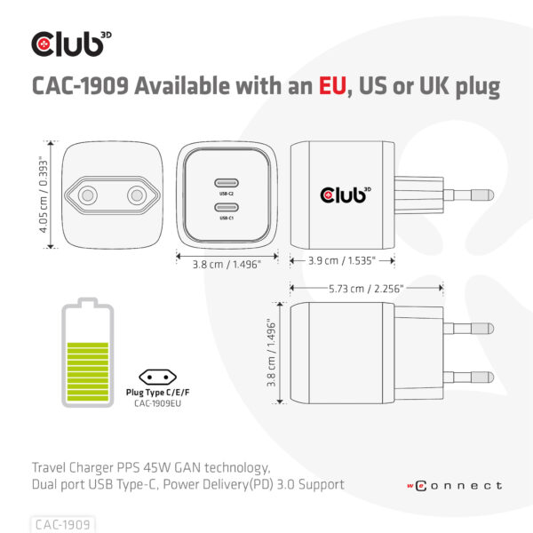 CLUB3D Travel Charger PPS 45W GAN technology, Dual port USB Type-C, Power Delivery(PD) 3.0 Support - Afbeelding 4
