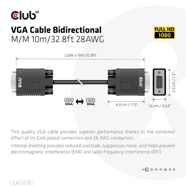 CLUB3D VGA Cable Bidirectional M/M 10m/32.8ft 28AWG - Afbeelding 4
