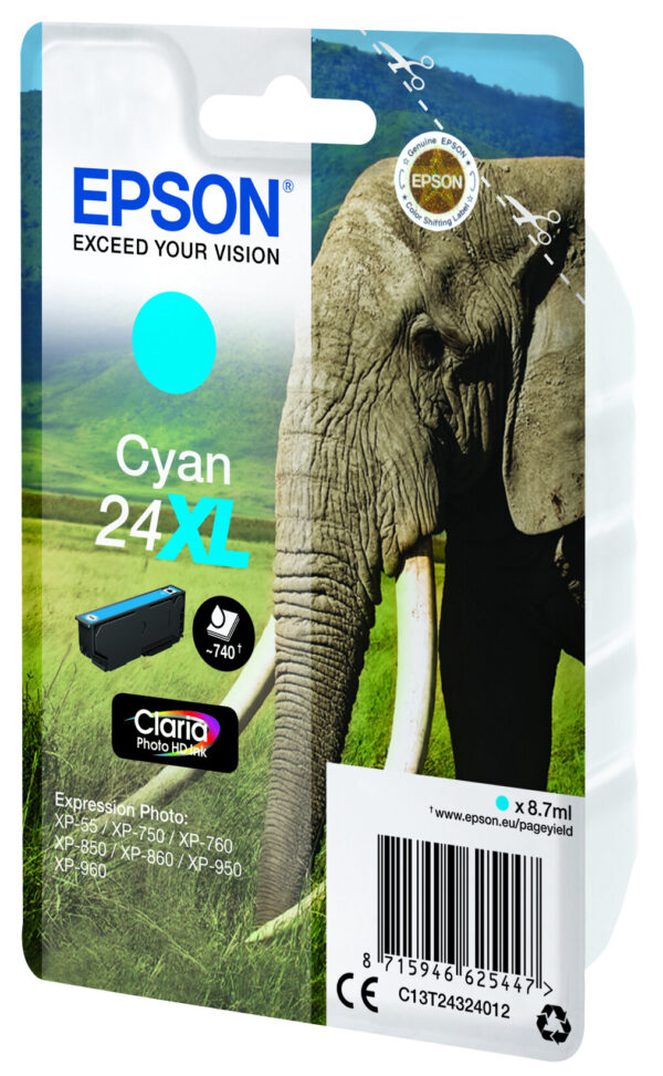 Epson Elephant Singlepack Cyan 24XL Claria Photo HD Ink - Afbeelding 4