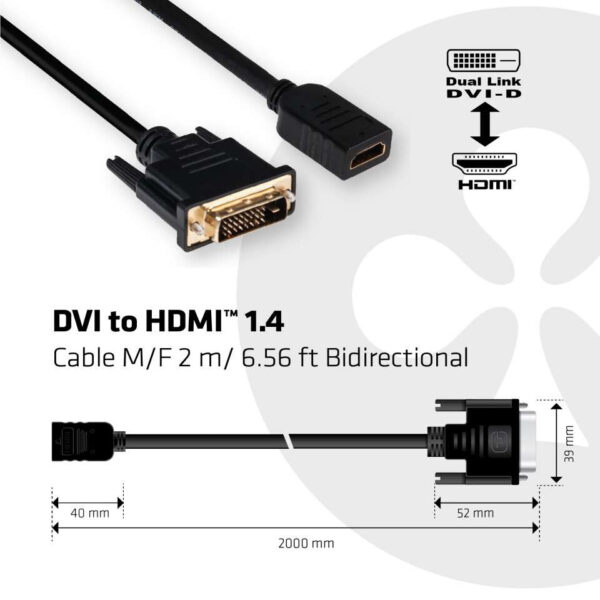 CLUB3D DVI to HDMI 1.4 Cable M/F 2 meter Bidirectional - Afbeelding 3