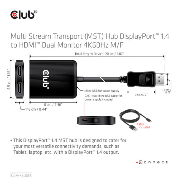 CLUB3D Multi Stream Transport (MST) Hub DisplayPort 1.4 to HDMI Dual Monitor 4K60Hz M/F - Afbeelding 5