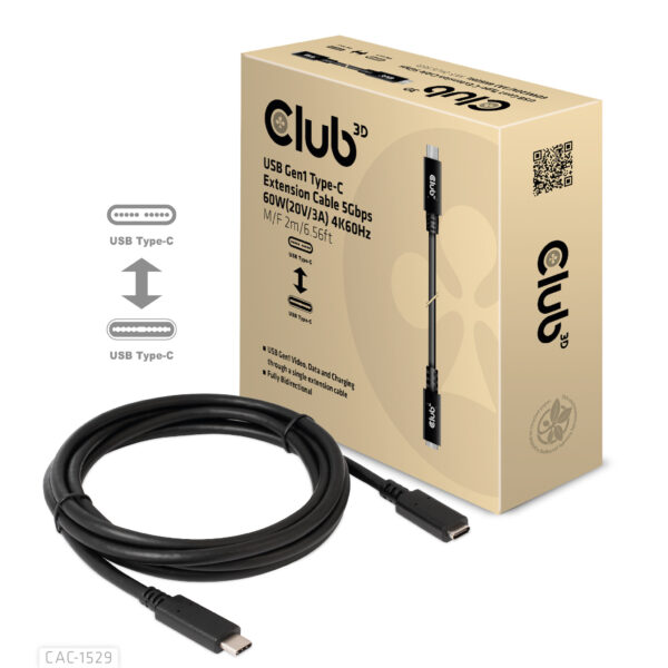 CLUB3D USB Gen1 Type-C Extensie kabel 5Gbps 60W(20V/3A) 4K60Hz M/F 2m/6.56ft - Afbeelding 2