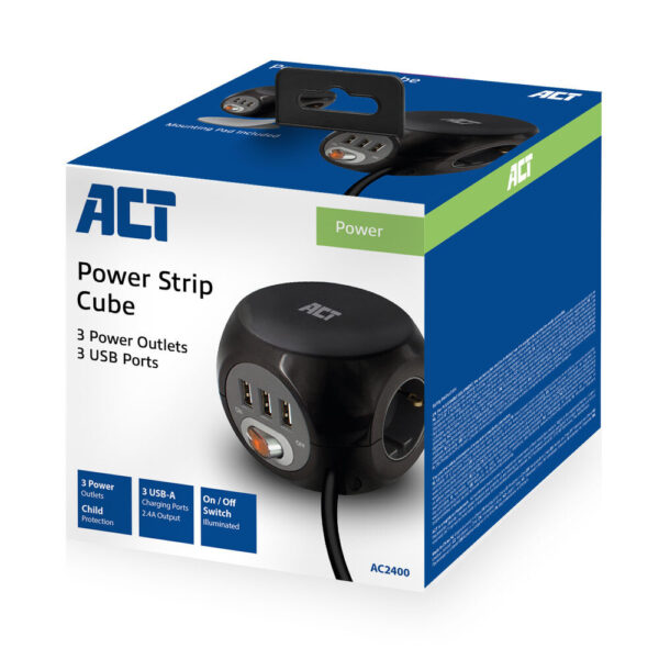 ACT Stekkerdoos cube met 3 stopcontacten, USB-A-poorten, 1,5m - Afbeelding 7