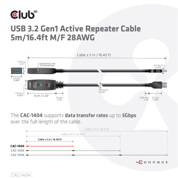 CLUB3D USB 3.2 Gen1 Active Repeater Cable 5m/ 16.4 ft M/F 28AWG - Afbeelding 7