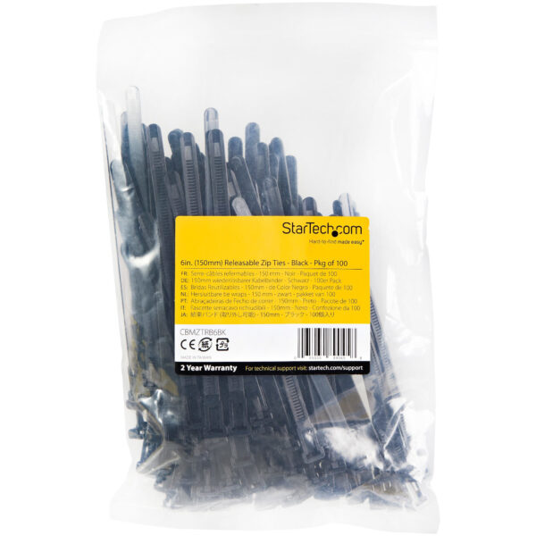 StarTech.com 15 cm Zwarte Herbruikbare Kabelbinders 7 mm Breed, 35 mm Bundeldiameter, 22 kg Treksterkte Hersluitbare Nylon Snelb - Afbeelding 2