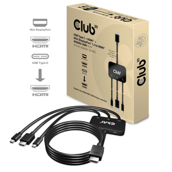 CLUB3D USB Type C + HDMI™ + MiniDisplayPort™ 1.2 to HDMI™ 4K60Hz HDR M/M Active Adapter 32AWG - Afbeelding 4