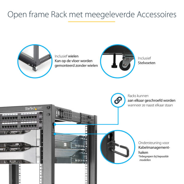 StarTech.com 4-Post 12U Mobiel Open Frame Server Rack, 19" Patchkast met Wielen en 4 Stijlen, Open Serverkast met Verstelbare Di - Afbeelding 20