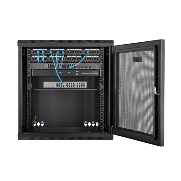 StarTech.com 4 Post 12U Wandmonteerbare Netwerkkast met 1U Schap, 19" Scharnierende Patchkast voor Data/AV/Electronica/Computer - Afbeelding 9
