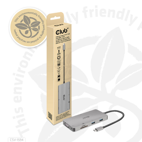 CLUB3D Type-C 9-in-1 hub with HDMI, VGA, 2x USB Gen1 Type-A,RJ45,SD/Micro SD card slots and USB Type-C oplaad mogelijkheid tot m - Afbeelding 15