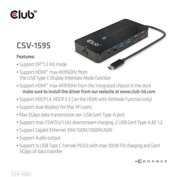 CLUB3D Type-C 7-in-1 hub met 2x HDMI, 2x USB Gen1 Type-A, 1x RJ45, 1x 3.5mm Audio,1x USB Gen1 Type-C 100W Silicon motion chip ge - Afbeelding 8