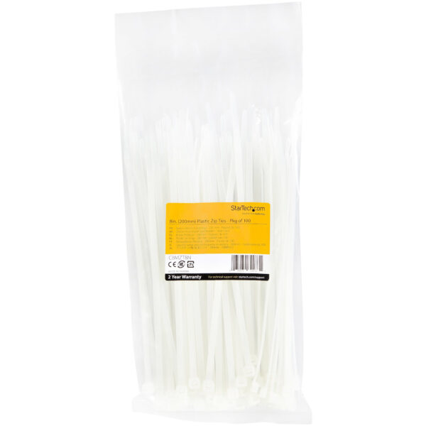 StarTech.com 20 cm Witte Kabelbinders 4 mm Breed, 55 mm Bundeldiameter, 22 kg Treksterkte Zelfsluitende Snelbinders uit Nylon me - Afbeelding 2