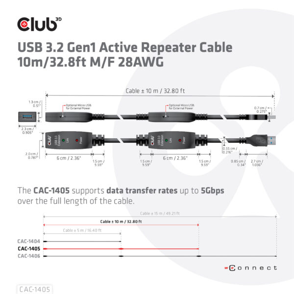 CLUB3D USB 3.2 Gen1 Active Repeater Cable 10m / 32.8ft M/F 28AWG - Afbeelding 13