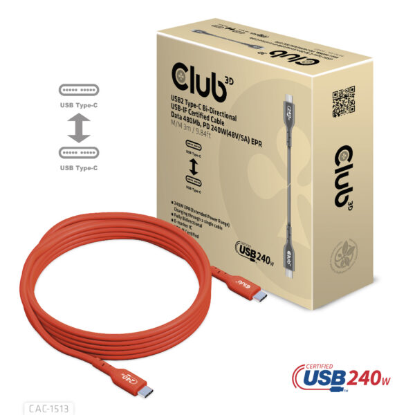 CLUB3D USB2 Type-C Bi-Directional USB-IF Certified Cable Data 480Mb, PD 240W(48V/5A) EPR M/M 3m / 9.84 ft - Afbeelding 11