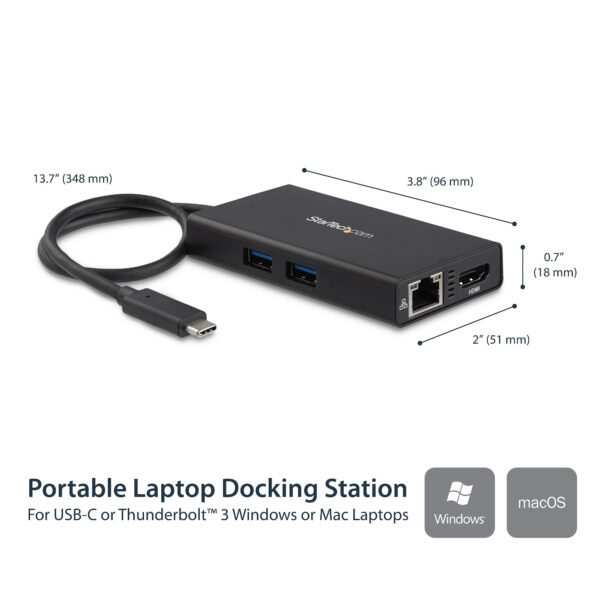 StarTech.com USB-C Multiport Adapter, USB-C Travel Dock met 4K HDMI, 60W Power Delivery Passthrough, GbE, 2pt USB-A 3.0 Hub, USB - Afbeelding 5
