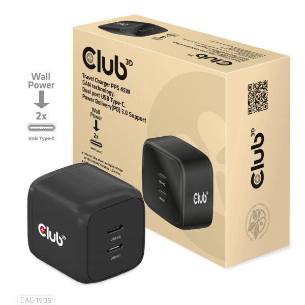 CLUB3D Travel Charger PPS 45W GAN technology, Dual port USB Type-C, Power Delivery(PD) 3.0 Support - Afbeelding 2