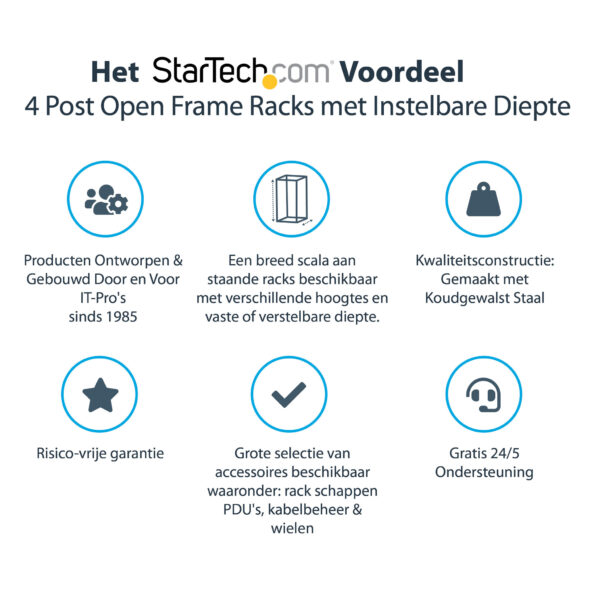 StarTech.com 4-Post 12U Mobiel Open Frame Server Rack, 19" Patchkast met Wielen en 4 Stijlen, Open Serverkast met Verstelbare Di - Afbeelding 7