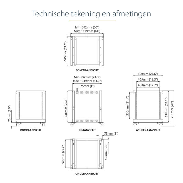 StarTech.com 4-Post 12U Mobiel Open Frame Server Rack, 19" Patchkast met Wielen en 4 Stijlen, Open Serverkast met Verstelbare Di - Afbeelding 18