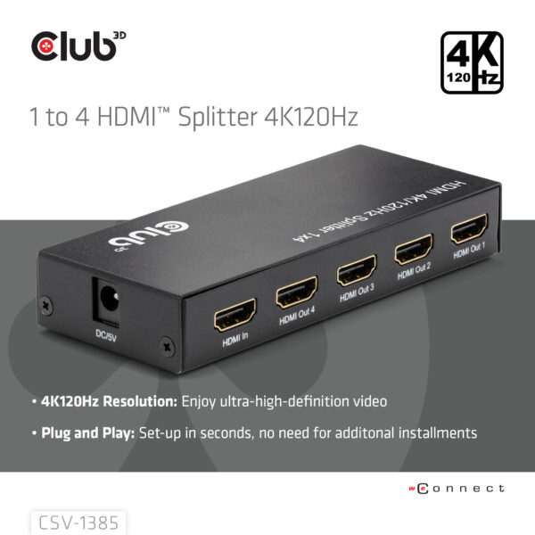 CLUB3D 1 to 4 HDMI™ Splitter 4K120Hz - Afbeelding 7