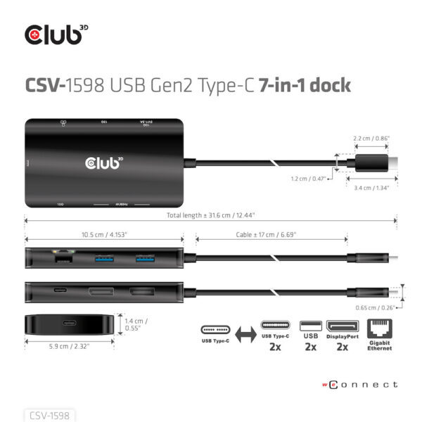 CLUB3D USB Gen2 Type-C to Dual DisplayPort 4k60Hz 7-in-1 HUB - 2x Displayport - Afbeelding 7