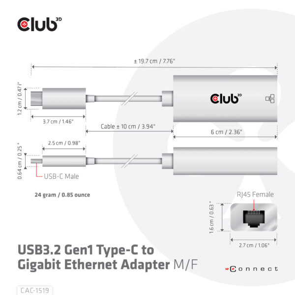 CLUB3D USB3.2 Gen1 Type-C to Gigabit Ethernet Adapter M/F - Afbeelding 7