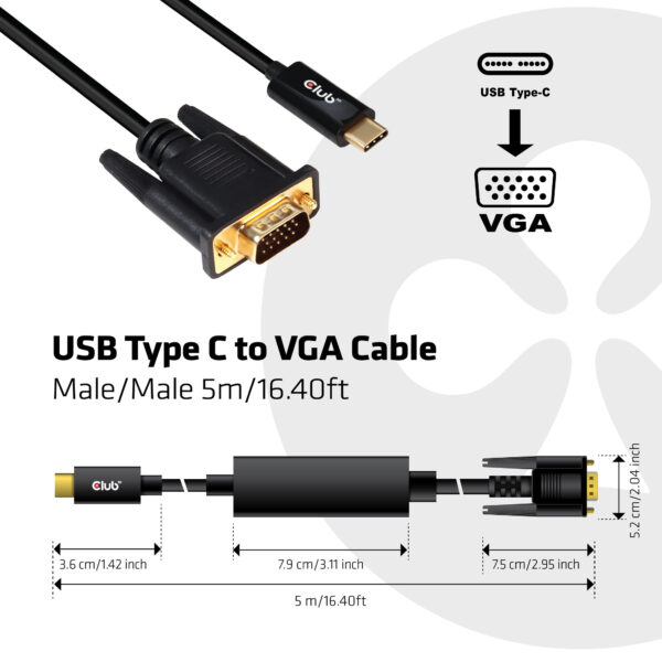 CLUB3D USB Type C to VGA Active Cable M/M 5m/ - Afbeelding 4