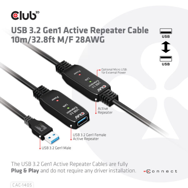 CLUB3D USB 3.2 Gen1 Active Repeater Cable 10m / 32.8ft M/F 28AWG - Afbeelding 3