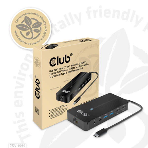 CLUB3D Type-C 7-in-1 hub met 2x HDMI, 2x USB Gen1 Type-A, 1x RJ45, 1x 3.5mm Audio,1x USB Gen1 Type-C 100W Silicon motion chip ge - Afbeelding 11