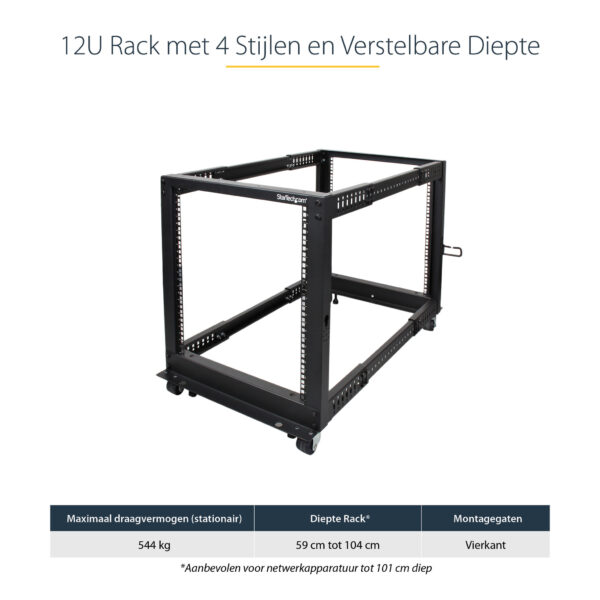 StarTech.com 4-Post 12U Mobiel Open Frame Server Rack, 19" Patchkast met Wielen en 4 Stijlen, Open Serverkast met Verstelbare Di - Afbeelding 13